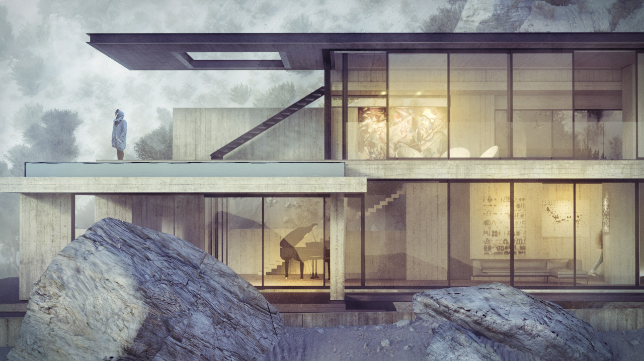Wizualizacja 3D projektu Crescent house - widok z poziomu człowieka