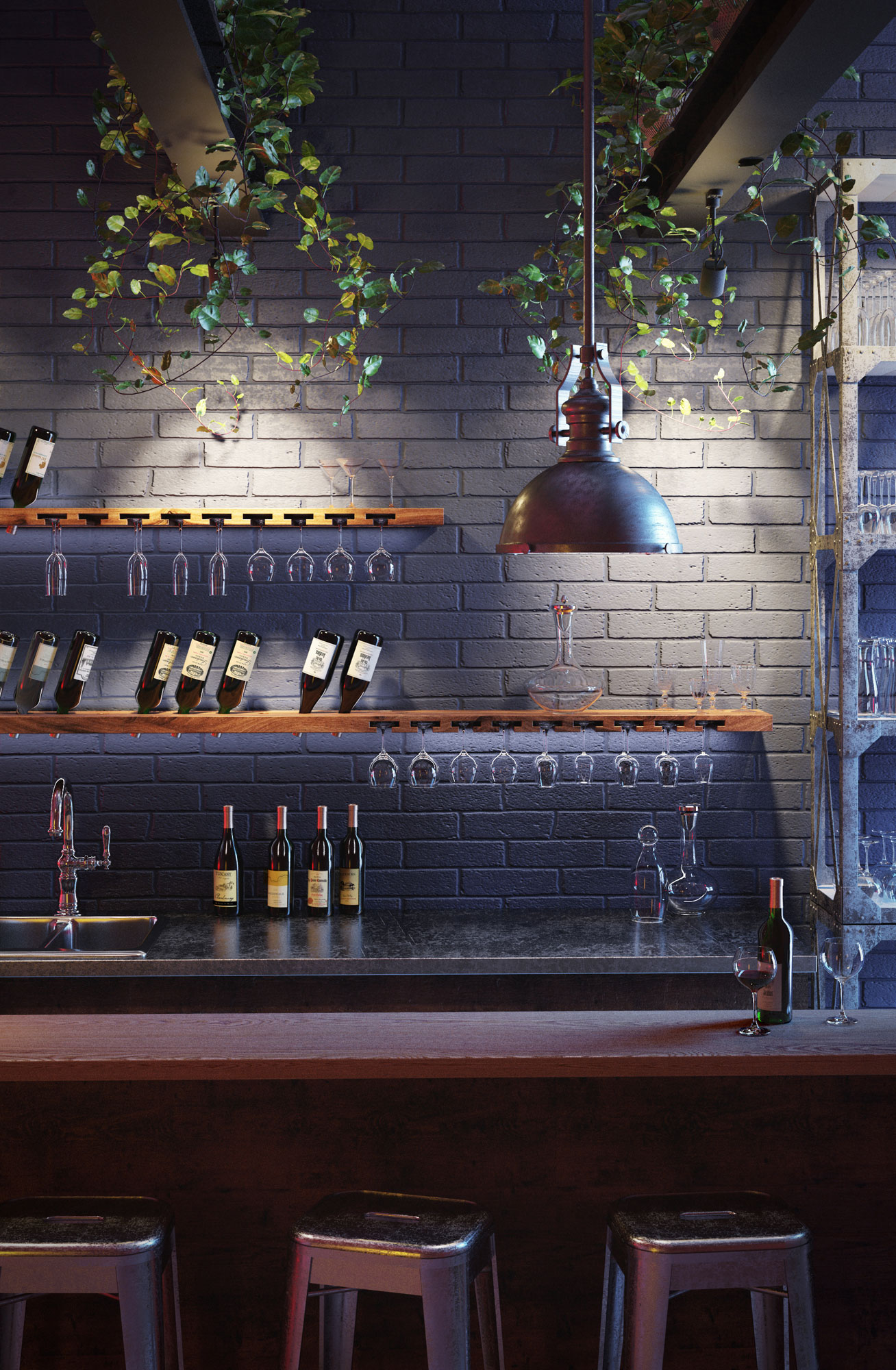 Wizualizacja produktowa - stojaki na wino TULAS w aranżacji wnętrzarskiej - bar